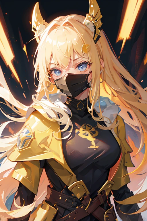 Warrior of the future, beautiful face with mask on her mouth, long golden hair.