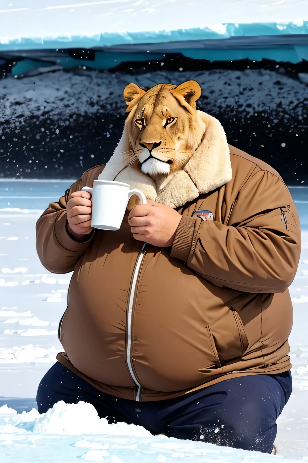 A fat middle-aged man who loves lions is drinking coffee in the Antarctic