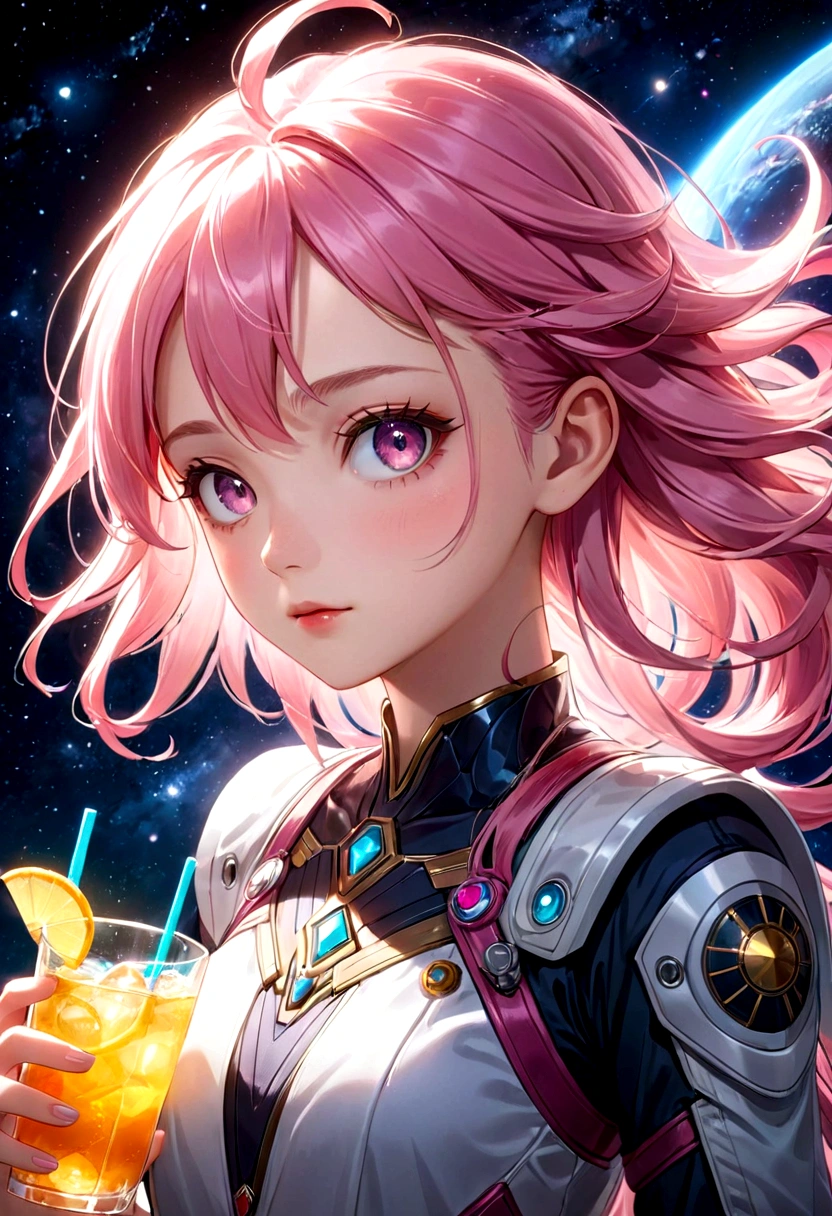 a girl with pink hair holding a drink, space background, anime aesthetic, official art, 8k, high quality, detailed, photorealistic, vibrant colors, studio lighting, beautiful detailed eyes, beautiful detailed lips, extremely detailed face, long eyelashes, complex hairstyle, dreamlike atmosphere, glowing aura, dynamic pose, cinematic lighting