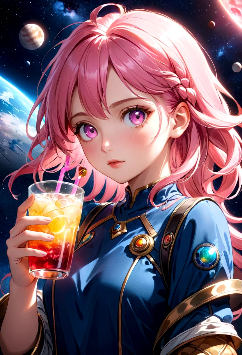 a girl with pink hair holding a drink, space background, anime aesthetic, official art, 8k, high quality, detailed, photorealistic, vibrant colors, studio lighting, beautiful detailed eyes, beautiful detailed lips, extremely detailed face, long eyelashes, complex hairstyle, dreamlike atmosphere, glowing aura, dynamic pose, cinematic lighting