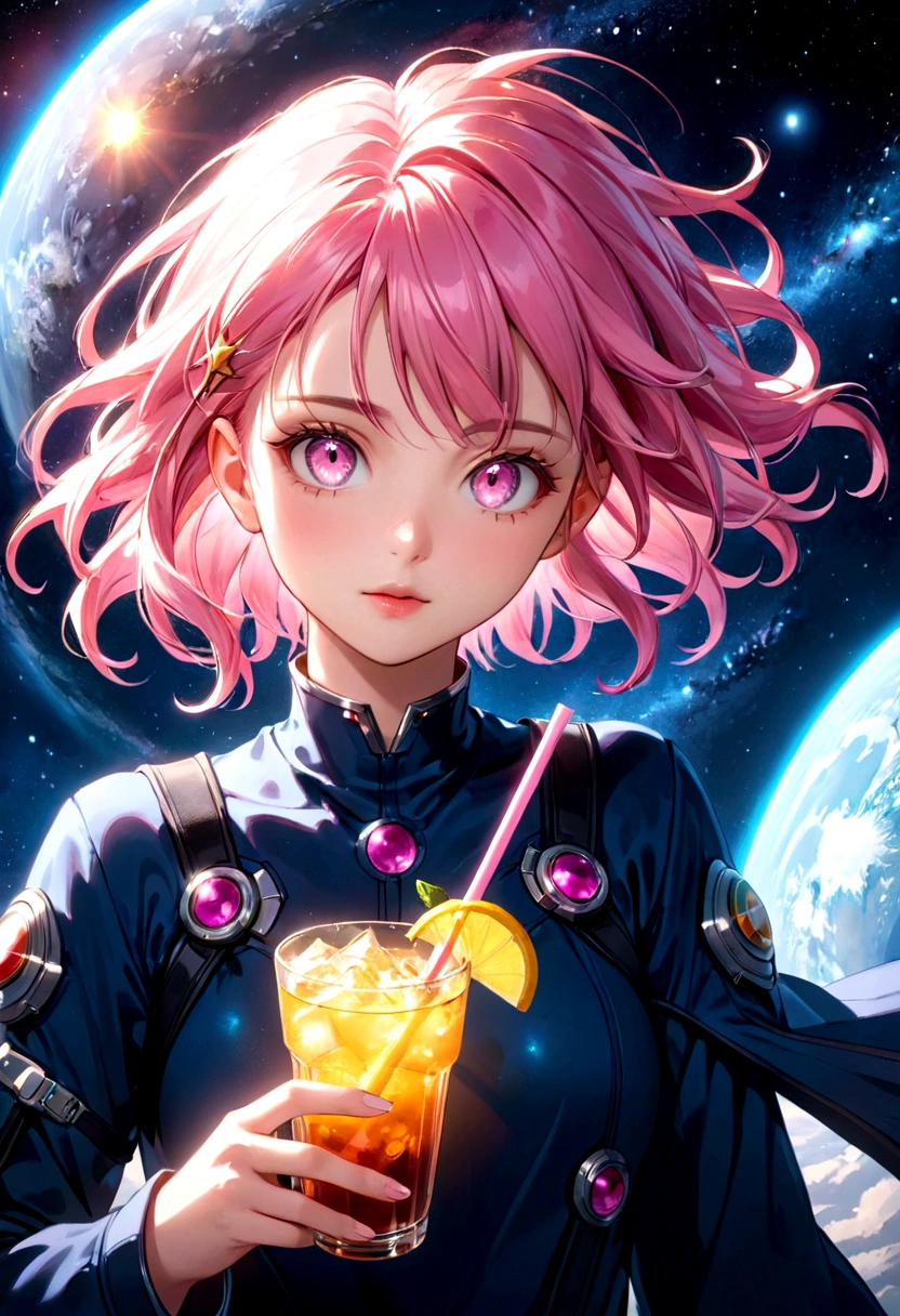 a girl with pink hair holding a drink, space background, anime aesthetic, official art, 8k, high quality, detailed, photorealistic, vibrant colors, studio lighting, beautiful detailed eyes, beautiful detailed lips, extremely detailed face, long eyelashes, complex hairstyle, dreamlike atmosphere, glowing aura, dynamic pose, cinematic lighting