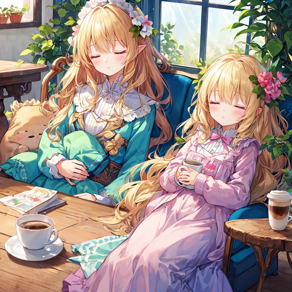 Little fairy、Living in a coffee cup、highest quality、masterpiece、Official Art、16k、so beautiful、Very detailed、Ultra-fine、Confused、A warm, pastel-colored world、Cute and fluffy、Chibi sleeping in a coffee cup、Close your eyes and take a nap.、