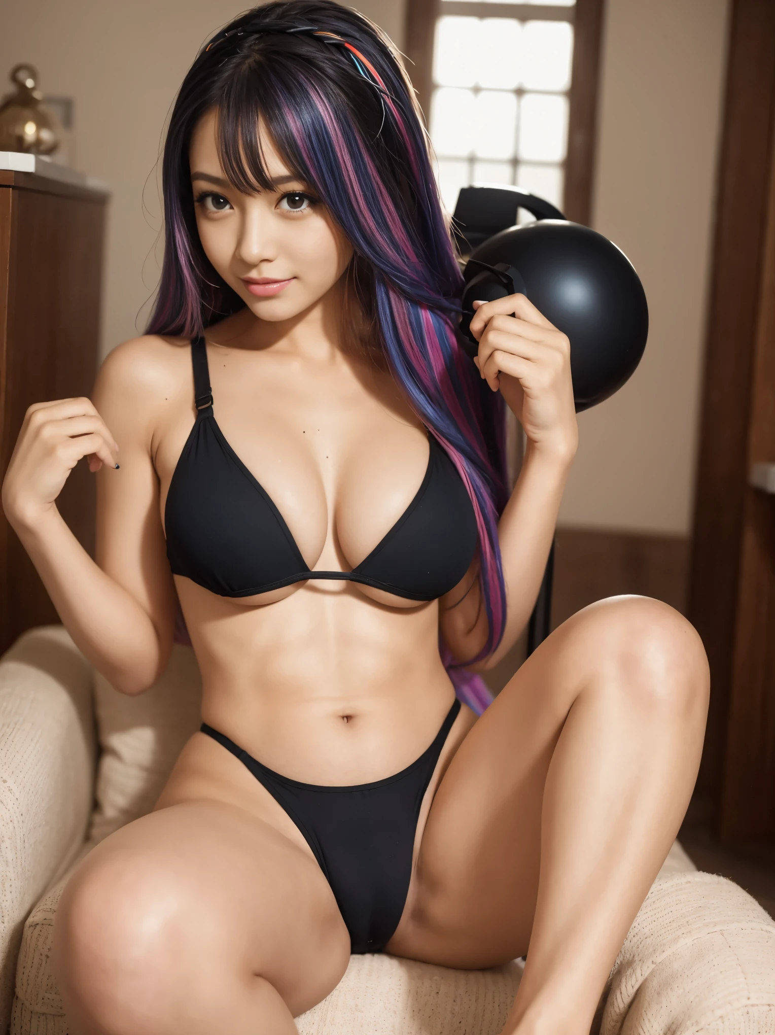(photo Realistic:1.4), (hyper Realistic:1.4), (Realistic:1.3), (Smoother lighting:1.05), (Improving the lighting quality of movies:0.9), 32k,(Vulgar),A tanned black gal who is perfect for a group sex friend,Rainbow hair colour,Micro Ultra High Leg Bikini Swimsuit,hair accessory,Sweat dripping,Between the breasts,Big Breasts,A seductive smile,Tilt-shift camera crowd,From the side,Sit with your legs apart ,1 girl