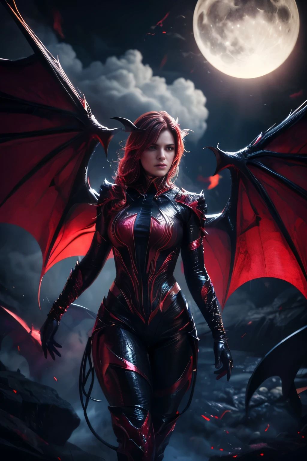 (best quality,4k,8k,highres,masterpiece:1.2),ultra-detailed,(realistic,photorealistic,photo-realistic:1.37), (girl like a bat out of hell), full body, demon Wings, flowing hair, athletic physique, dark clothes, dramatic lighting, high contrast, powerful dynamic lines, vibrant colors, fierce eyes, sharp fangs, ethereal atmosphere, intense energy, flying objects, shattered debris, swirling smoke, epic background, moonlit night, mysterious shadows
,demonictech,better_hands,hands, looking at camera