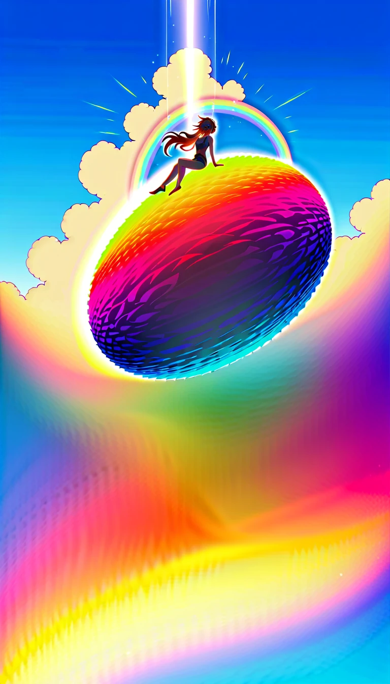 A stunningly ethereal figure, composed of a dazzling array of rainbow hues, reclines gracefully at the end of a radiant rainbow on fluffy clouds in the sky. Bathed in dynamic and enchanting lighting, accentuates her vibrant, full-bodied form. Fantasy art. Masterpiece 