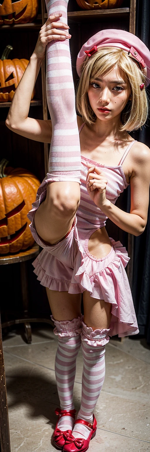 (masterpiece, best quality:1.2), 1girl, solo,standing_split,
A photo of a beautiful lady cosplaying Lambdadelta, pink beret, dress, blonde hair, short hair, pink and white striped knee highs, pink shoes, red eyes, pumpkin, Jack-o’-lantern