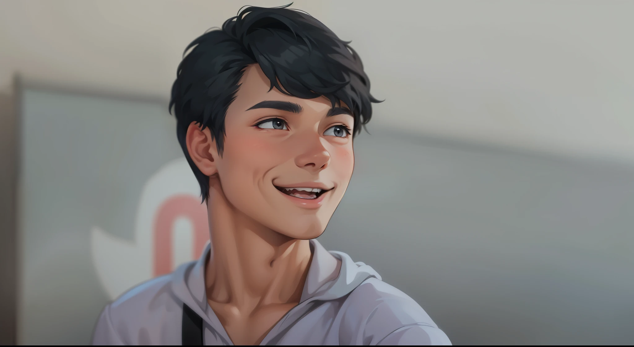 cute 16 year old boy with gray hair and gray eyes speaks with a mischievous smile