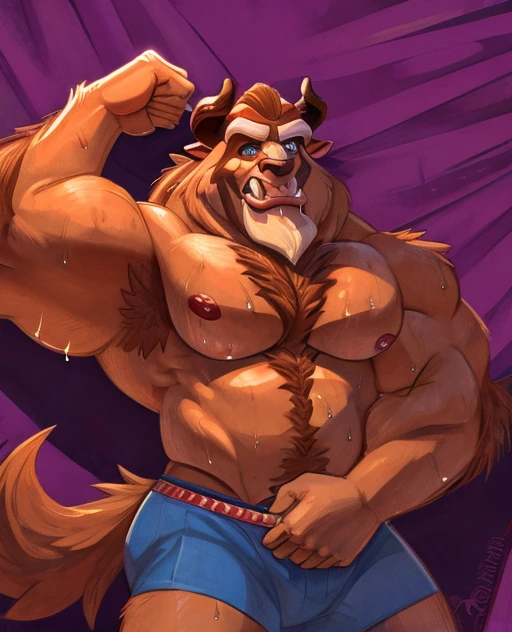 beast (Disney) bara hairy sweaty pecs, flirtatious facial expression, drooling all over, sweaty, sweaty, flexing his arm