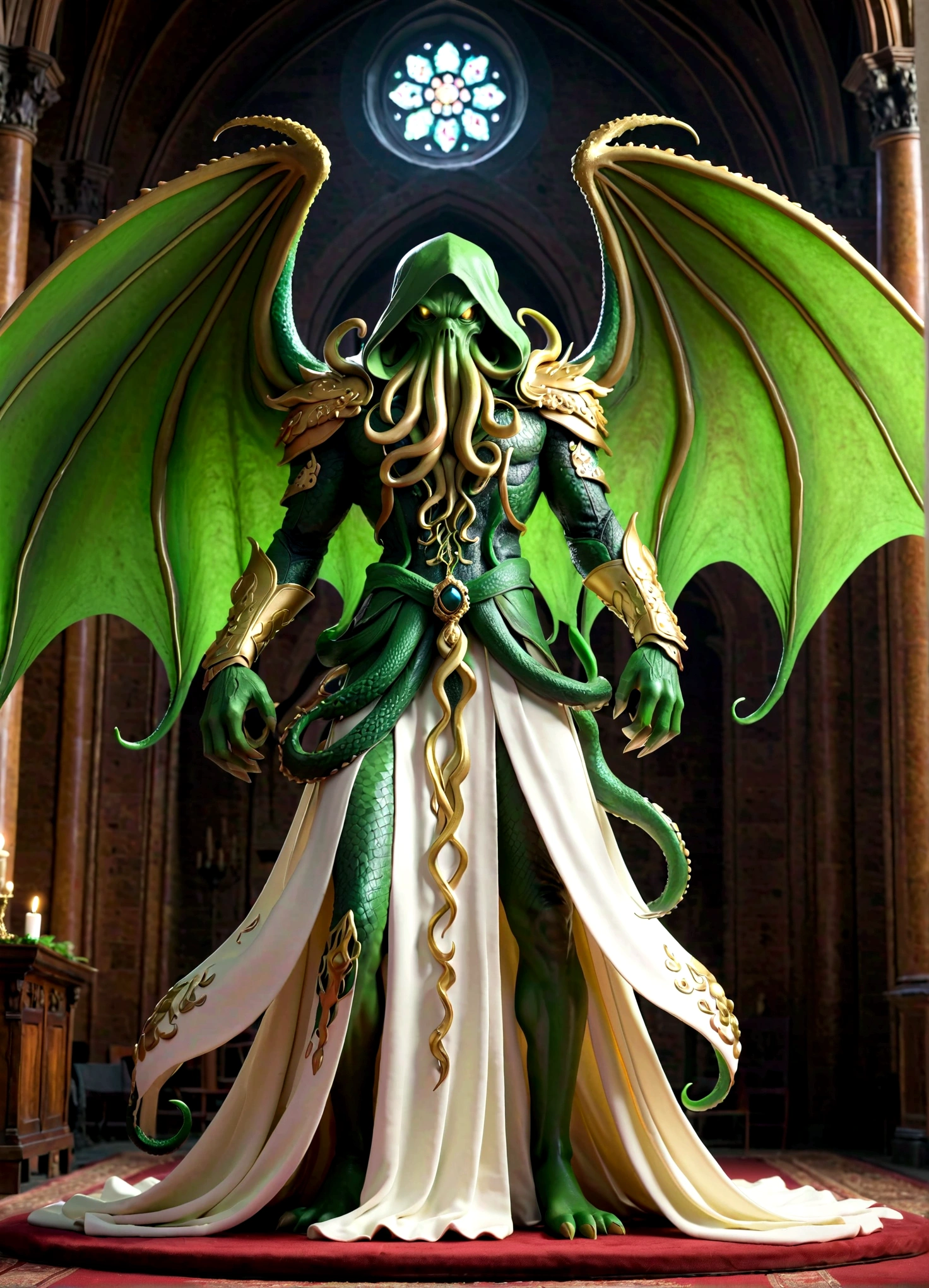 masterpiece, best quality, Practical, Cthulhu Emissary, Solitary, In a high-end church, Green Skin, (paw), The silhouette of huge wings, detailed tentacles, The Eye of Fear，Gold and white clothes, Long scarf, flow, Light Armor, whole body, (from below), flame, particle