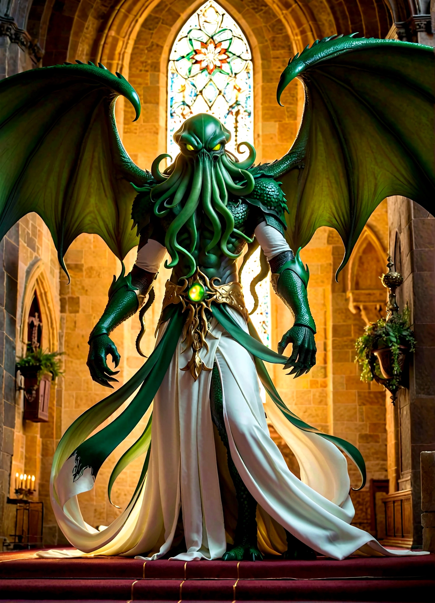 masterpiece, best quality, Practical, Cthulhu Emissary, Solitary, In a high-end church, Green Skin, (paw), The silhouette of huge wings, detailed tentacles, The Eye of Fear，Gold and white clothes, Long scarf, flow, Light Armor, whole body, (from below), flame, particle