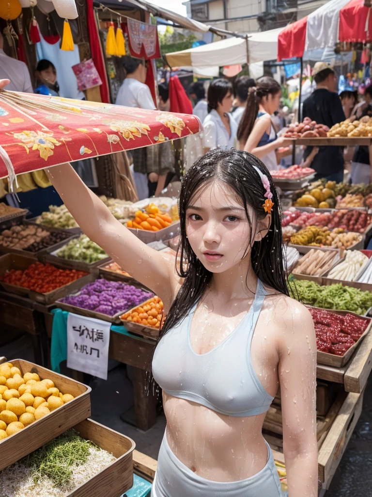 (best quality:1.2), masterpiece, Realistic, Ultra-high resolution, ((a beautiful Japanese idol woman:1.2)), (Gaunt:1.3), (((Very flat chest:1.4))), ((Baby Face)), (show me your armpit:1.2), (sweaty armpit:1.3), ((Armpits are wet and shiny with sweat)), She has skin that sweats easily Soaking wet, Sweaty, I can see my pores, dancing parade, (energetic music:1.2), confetti-filled streets, lively atmosphere, (decorative floats:1.1), (bustling market stalls:1.2), (delicious street food:1.1)