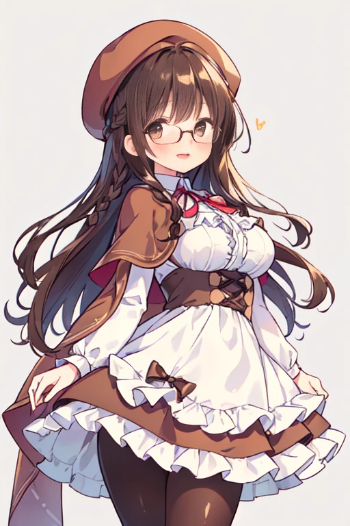 (best quality, masterpiece:1.2), illustrations, a cute girl, cute face, kawaii, very lovingly face,
 16-year-old, early teens,
 (single braid:1.2), dark brown hair, shiny hair,
 light brown eyes, droopy eyes, glasses,
 large breasts, large buttocks, voluptuous,
((brown beret) with ribbon), ((brown and white frilled dress), (frilled skirt), (multiple layers of frills)), fluffy panniers, (brown leggings), (brown cape coat),
 smile, open mouth,
 white background,