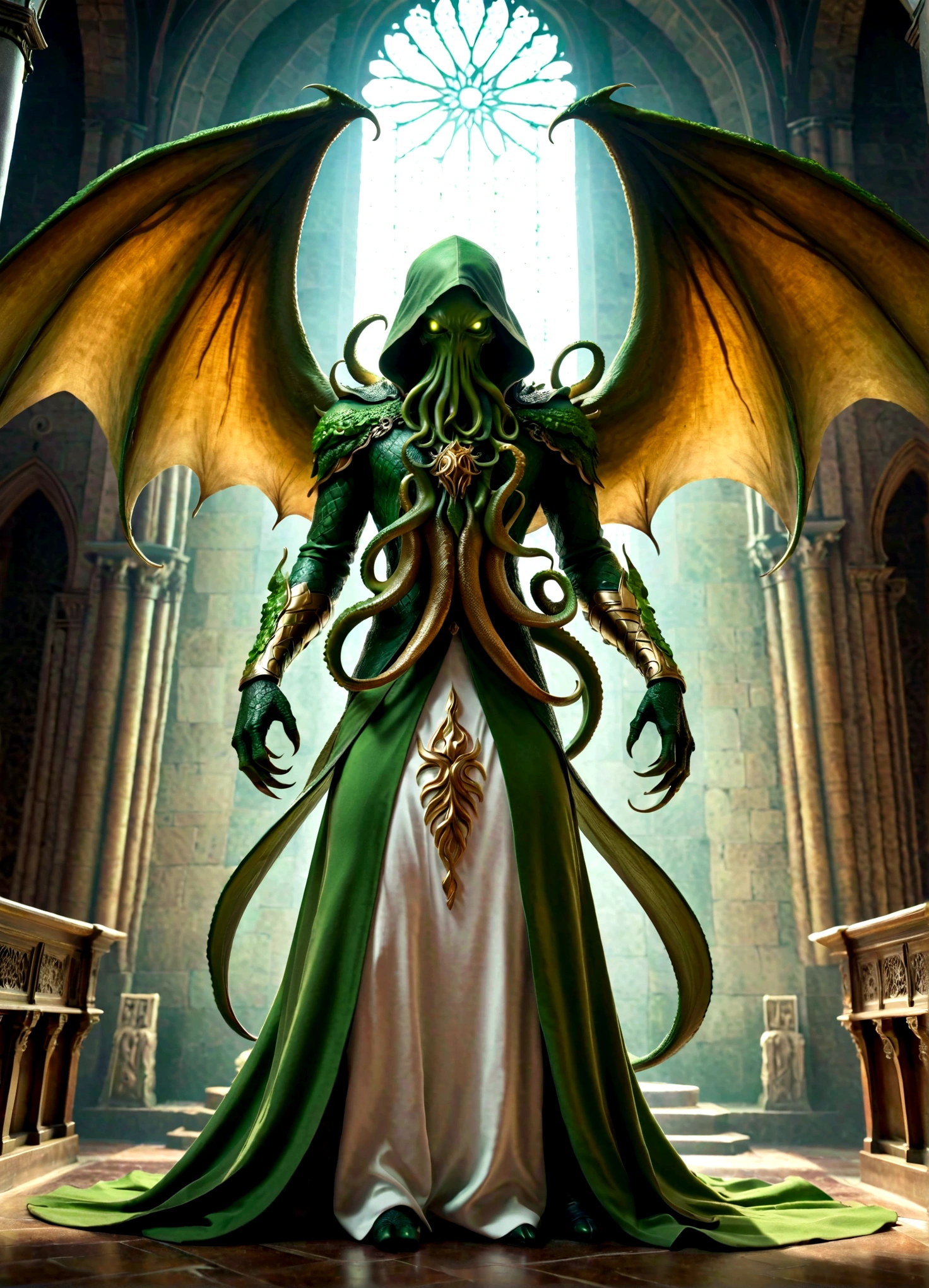 Cthulhu Emissary, Solitary, In a high-end church, Green Skin, (paw), The silhouette of huge wings, detailed tentacles, The Eye of Fear，Gold and white clothes, Long scarf, flow, Light Armor, whole body, (from below), flame, particle, masterpiece, best quality, Practical, 