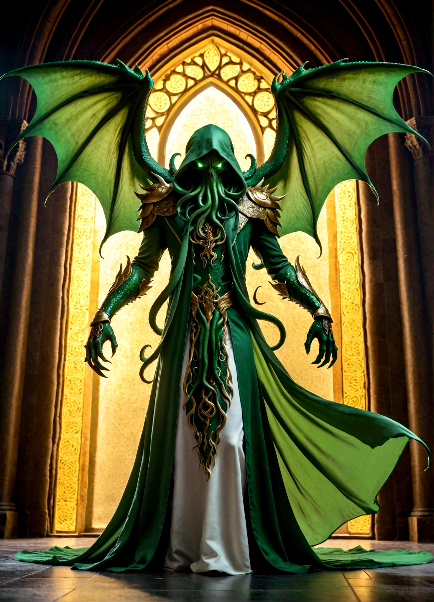 Cthulhu Emissary, Solitary, In a high-end church, Green Skin, (paw), The silhouette of huge wings, detailed tentacles, The Eye of Fear，Gold and white clothes, Long scarf, flow, Light Armor, whole body, (from below), flame, particle, masterpiece, best quality, Practical, 