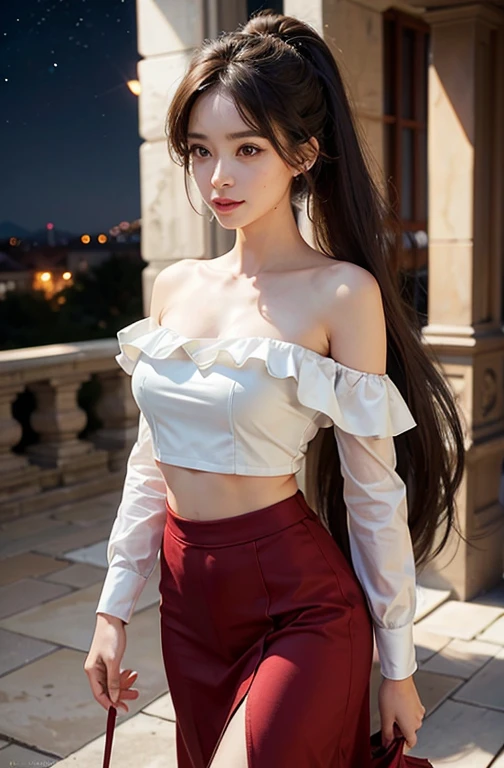 best qualtiy,sface focus,Look at the audience head-on,the soft light,(depth of fields),Ultra-high resolution,Picture above the knee(Photorealsitic:1.4),RAW photos,Bigchest,Red clothes,Open navel,Bare shoulders,By bangs,Long ponytail hairstyle,(sportrait:1.4),(From the front side)1girll,solo,adolable,(Shy,ssmile:1.1),(with brown eye),Detailed beautiful face,(mid day_Hair), moon in the night,Walk,(off-the-shoulder shirts),