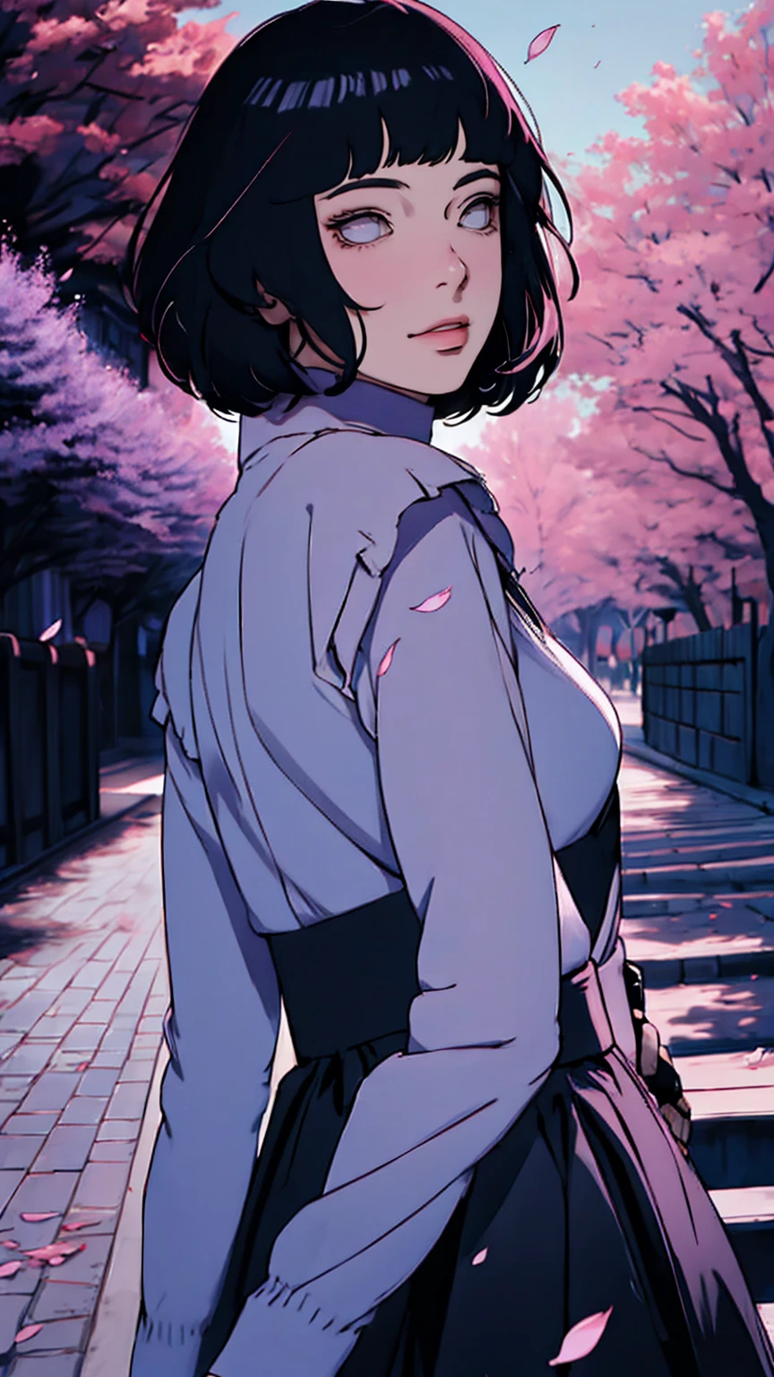 { - anatomy error} (Masterpiece - Ultra-detailed, very high resolution) Meisterwerk, absurdres, Hinata\(Boruto\), 1girls, nur,reifes Weibchen, lila Kapuzenpullover,layered sleeves, braune Hose, al fresco,Lavendelblütenfeld, Blick auf den Betrachter, (falling petals), overcast sky, Perfekte Komposition, Detaillierte Lippen, large chest, Beautiful face, Body Propotion, flush, (rosa Lippen), Lange Haare, lila Augen, Sanfter Blick, sad smile, Super realistisch, Detailliert, Fotoshooting, Realistic face and body, Realistisches Haar, (black hair) Realistische Augen, realistische Nase, Realistische Lippen, backwards, looking back