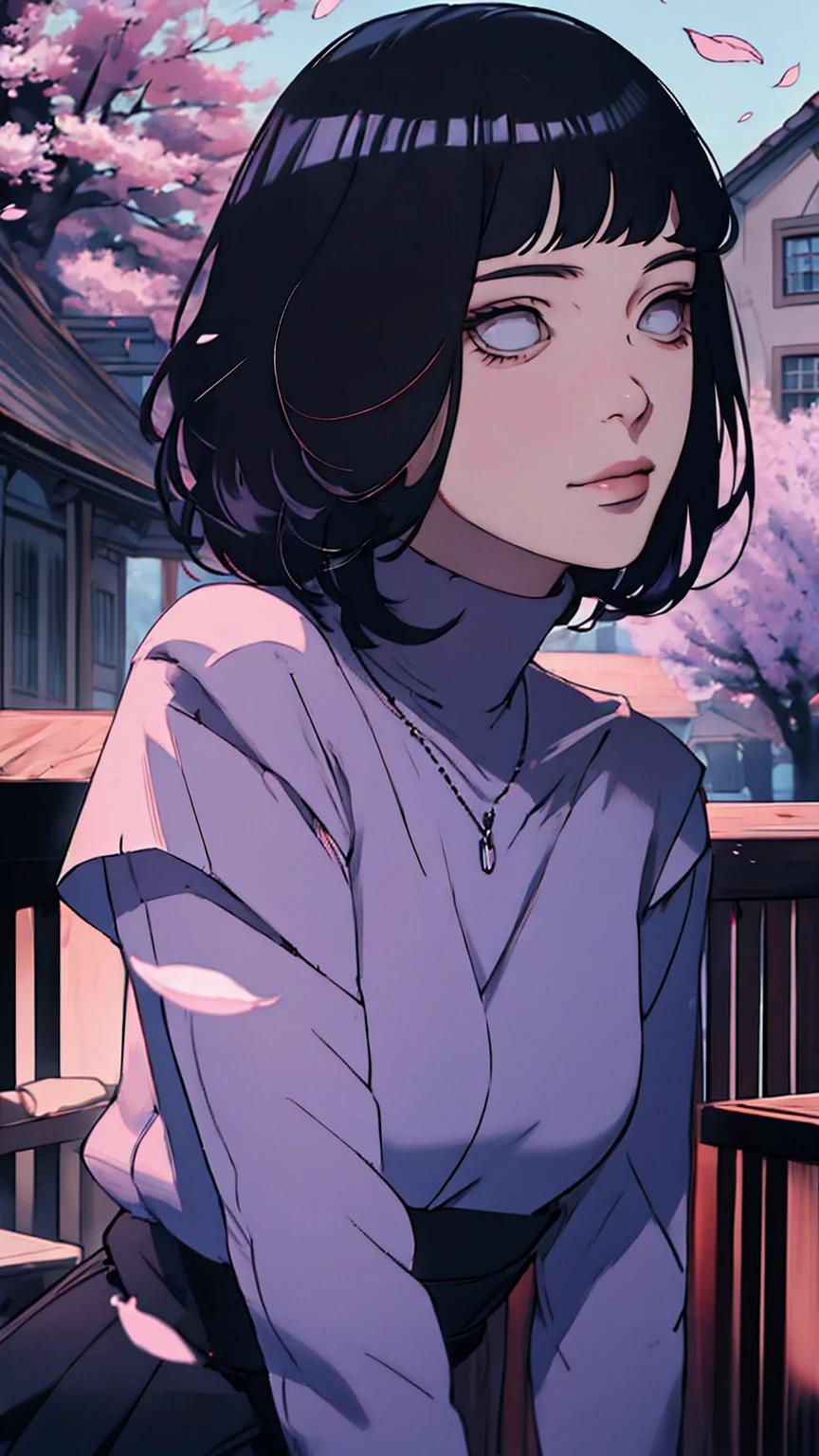 { - anatomy error} (Masterpiece - Ultra-detailed, very high resolution) Meisterwerk, absurdres, Hinata\(Boruto\), 1girls, nur,reifes Weibchen, lila Kapuzenpullover,layered sleeves, braune Hose, al fresco,Lavendelblütenfeld, Blick auf den Betrachter, (falling petals), overcast sky, Perfekte Komposition, Detaillierte Lippen, large chest, Beautiful face, Body Propotion, flush, (rosa Lippen), Lange Haare, lila Augen, Sanfter Blick, sad smile, Super realistisch, Detailliert, Fotoshooting, Realistic face and body, Realistisches Haar, (black hair) Realistische Augen, realistische Nase, Realistische Lippen, backwards, looking back