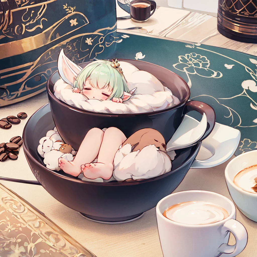 Little fairy、Living in a coffee cup、highest quality、masterpiece、Official Art、16k、so beautiful、Very detailed、Ultra-fine、Confused、A warm, pastel-colored world、Cute and fluffy、Chibi sleeping in a coffee cup、Close your eyes and take a nap.、