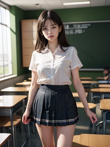 1 young girl, Very detailed CG synthesis 8k wallpaper, very detailed, High resolution raw color photos, professional photography, realistic portrait, cinematic light, bangs, (High , pleated mini skirt:1.3), School, classroom,(highest quality:1.0), (realistic:1.0), (8K, RAW photo:1.1), (8k Very become familiar with CG unit wallpaper), (highest quality), (best illustrations), (best shadow), (become familiar with: 1.4), 3D, HDR (high dynamic range), ray tracing, NVIDIA RTX, super resolution, scattered below the surface, PBR texture, Post-processing, anisotropic filtering, Depth of written boundary, maximum sharpness and acutance, multilayer texture, Albedo and highlight mapping, surface shading, Accurate simulation of light-matter interactions, perfect proportions, octane rendering, Ultra-realistic、Photographed with Canon EOS R5、50mm lens、f / 2.8