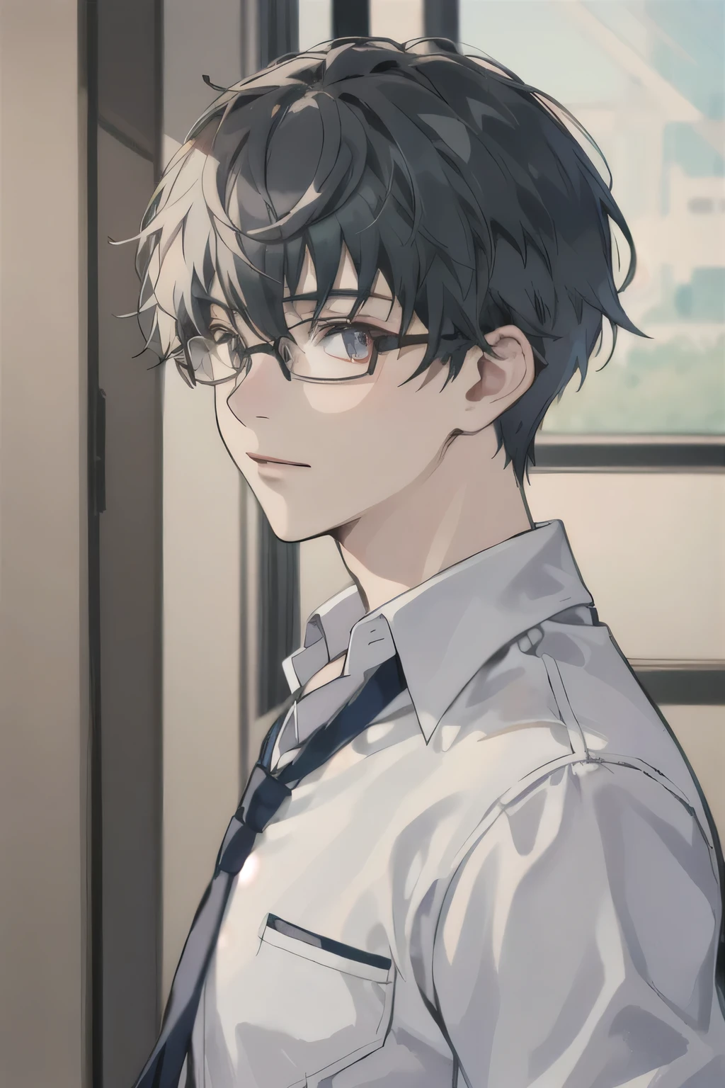 ((highest quality)), ((masterpiece)), (detailed), male, shirt, looking at the camera, Glasses