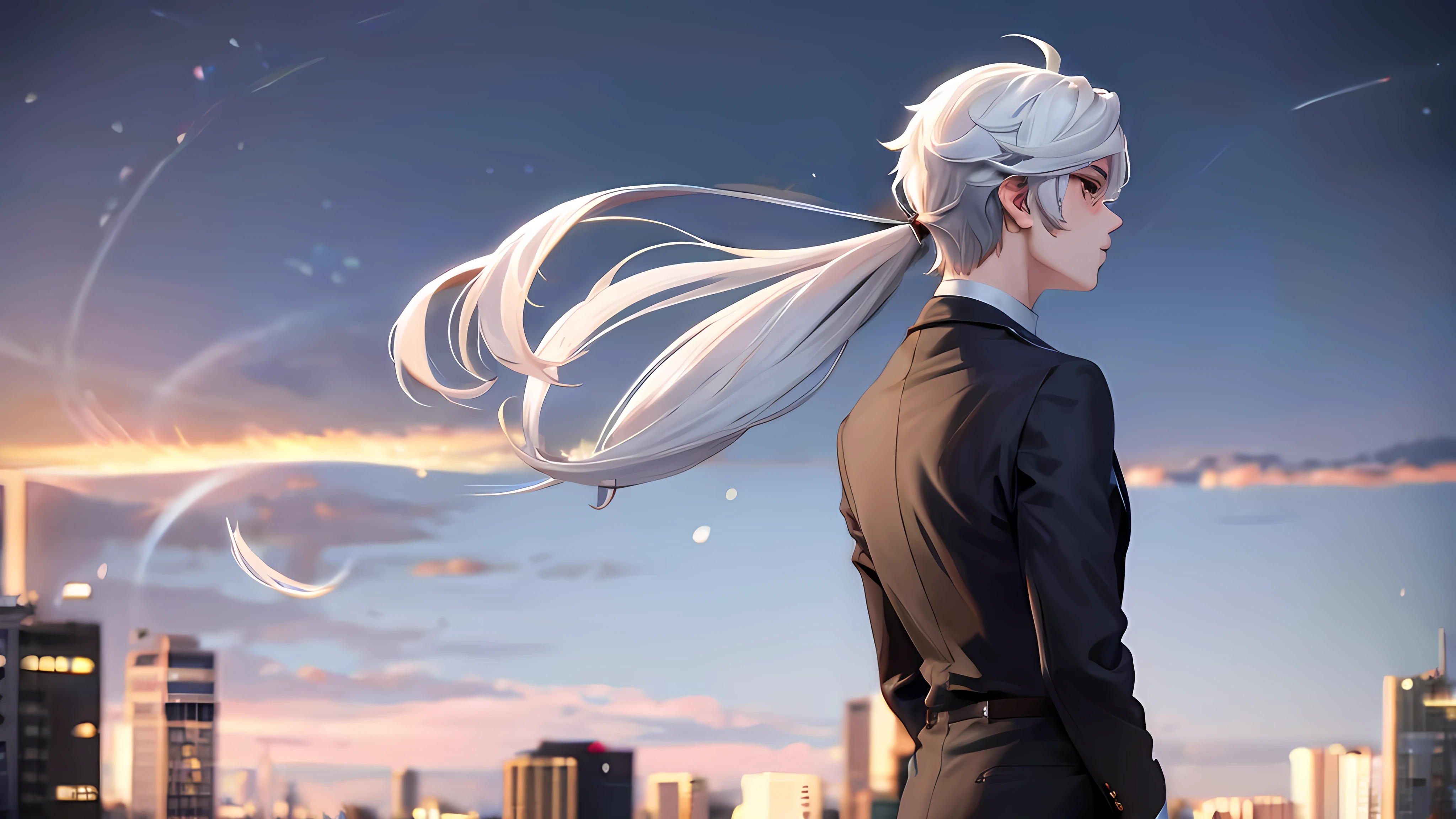 1 Boy, medium light white hair, light gray eyes, wearing white suit, city, absurdres, high res, ultrasharp, 8K, masterpiece, looking from behind
