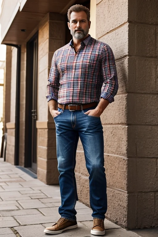 Create the image of a white man, with light brown hair, middle-aged, good-looking, with a robust and well-built body, with a short beard, tall, dressed in a plaid shirt, jeans and casual shoes, in a standing pose.