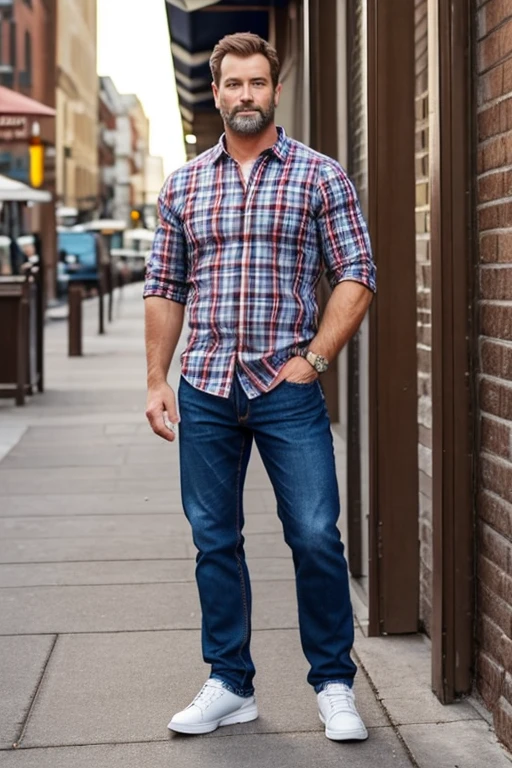 Create the image of a white man, with light brown hair, middle-aged, good-looking, with a robust and well-built body, with a short beard, tall, dressed in a plaid shirt, jeans and casual shoes, in a standing pose.