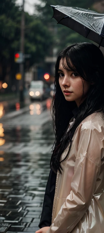 1girl, long black hair, uniform, shy, blush, wet, rain, transparent, (masterpiece, best quality), soft light, cinematic composition, cinematic light