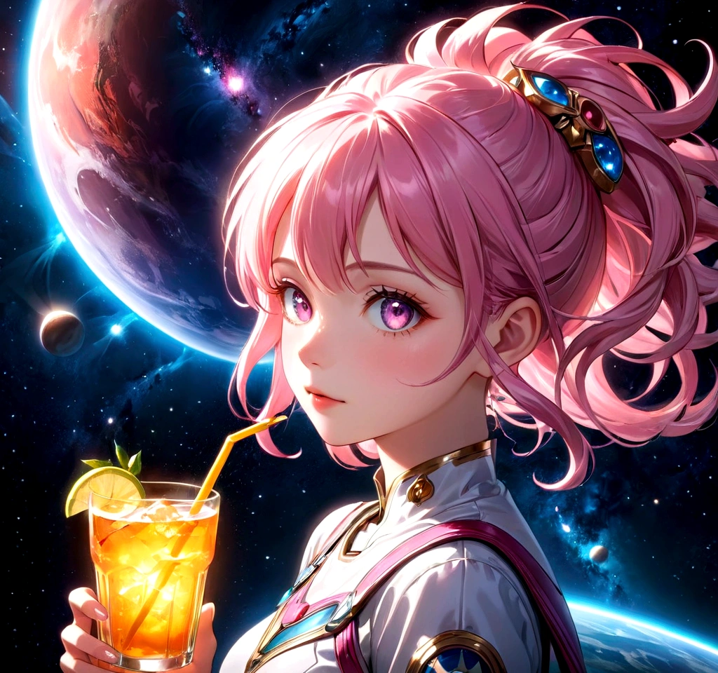 a girl with pink hair holding a drink, space background, anime aesthetic, official art, 8k, high quality, detailed, photorealistic, vibrant colors, studio lighting, beautiful detailed eyes, beautiful detailed lips, extremely detailed face, long eyelashes, complex hairstyle, dreamlike atmosphere, glowing aura, dynamic pose, cinematic lighting