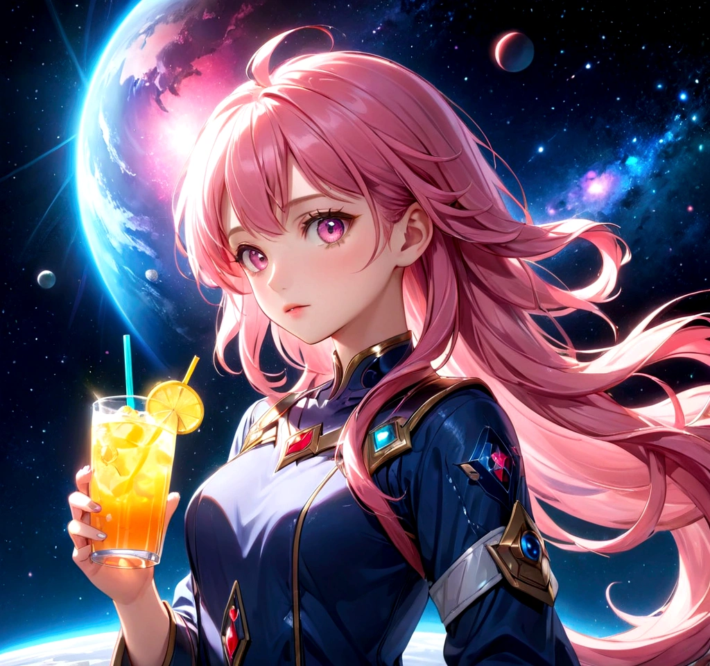 a girl with pink hair holding a drink, space background, anime aesthetic, official art, 8k, high quality, detailed, photorealistic, vibrant colors, studio lighting, beautiful detailed eyes, beautiful detailed lips, extremely detailed face, long eyelashes, complex hairstyle, dreamlike atmosphere, glowing aura, dynamic pose, cinematic lighting