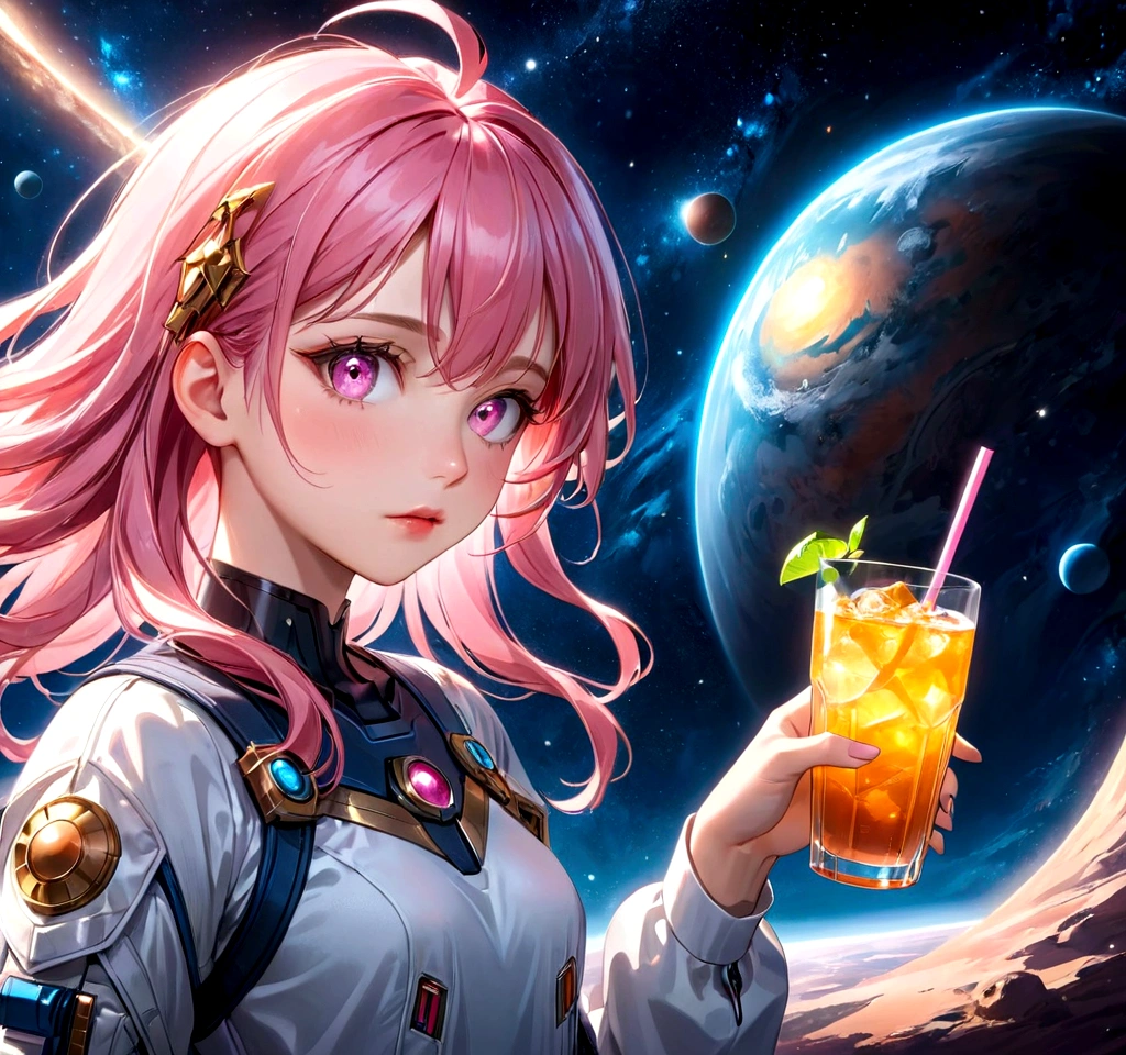 a girl with pink hair holding a drink, space background, anime aesthetic, official art, 8k, high quality, detailed, photorealistic, vibrant colors, studio lighting, beautiful detailed eyes, beautiful detailed lips, extremely detailed face, long eyelashes, complex hairstyle, dreamlike atmosphere, glowing aura, dynamic pose, cinematic lighting