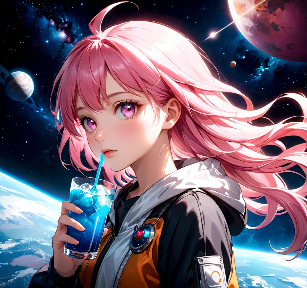 a girl with pink hair holding a drink, space background, anime aesthetic, official art, 8k, high quality, detailed, photorealistic, vibrant colors, studio lighting, beautiful detailed eyes, beautiful detailed lips, extremely detailed face, long eyelashes, complex hairstyle, dreamlike atmosphere, glowing aura, dynamic pose, cinematic lighting