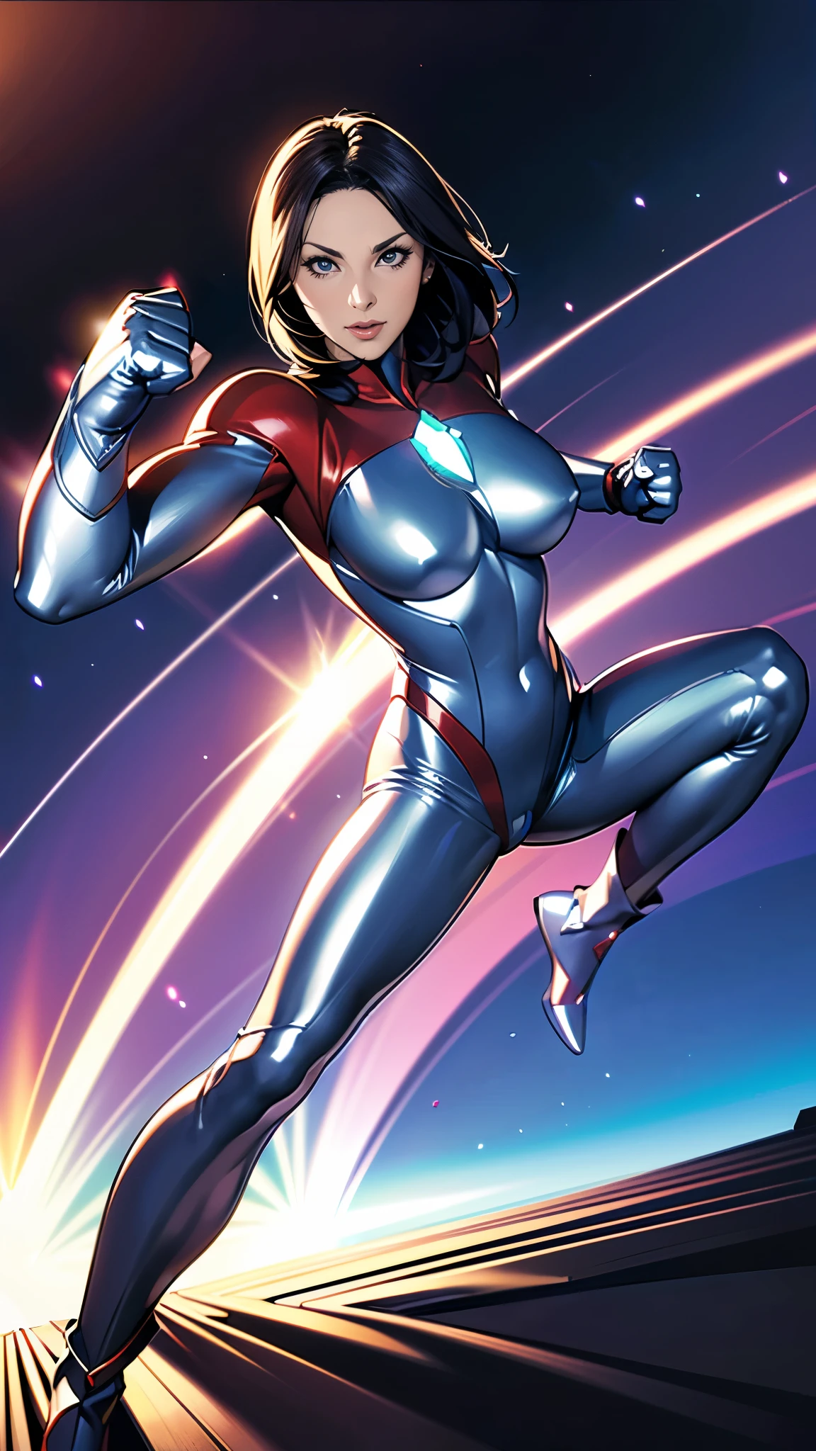(masterpiece:1.2, highest quality), (Realistic, photoRealistic:1.4),1 female,Mature female heroine,40 years old,A housewife who transforms into Ultraman, (((Dynamic fighting poses:1.5))),(Short Bob),((Dynamic Movement)),BREAK((A shiny, extremely form-fitting Ultraman uniform)),Shiny skin,Big eyes,Droopy eyes,Long eyelashes,Beautiful thighs,Beautiful Hair,Beautiful Face,Beautiful Eyes,Beautiful body,Beautiful breasts,Beautiful legs,Beautiful fingers,BREAK((Ultraman)),((Ultraman_Rise:1.5)),((The background is Prism Flash)),(((Dazzling Light))),(clenched hand,arm up,from below,standing,light rays,sunlight)