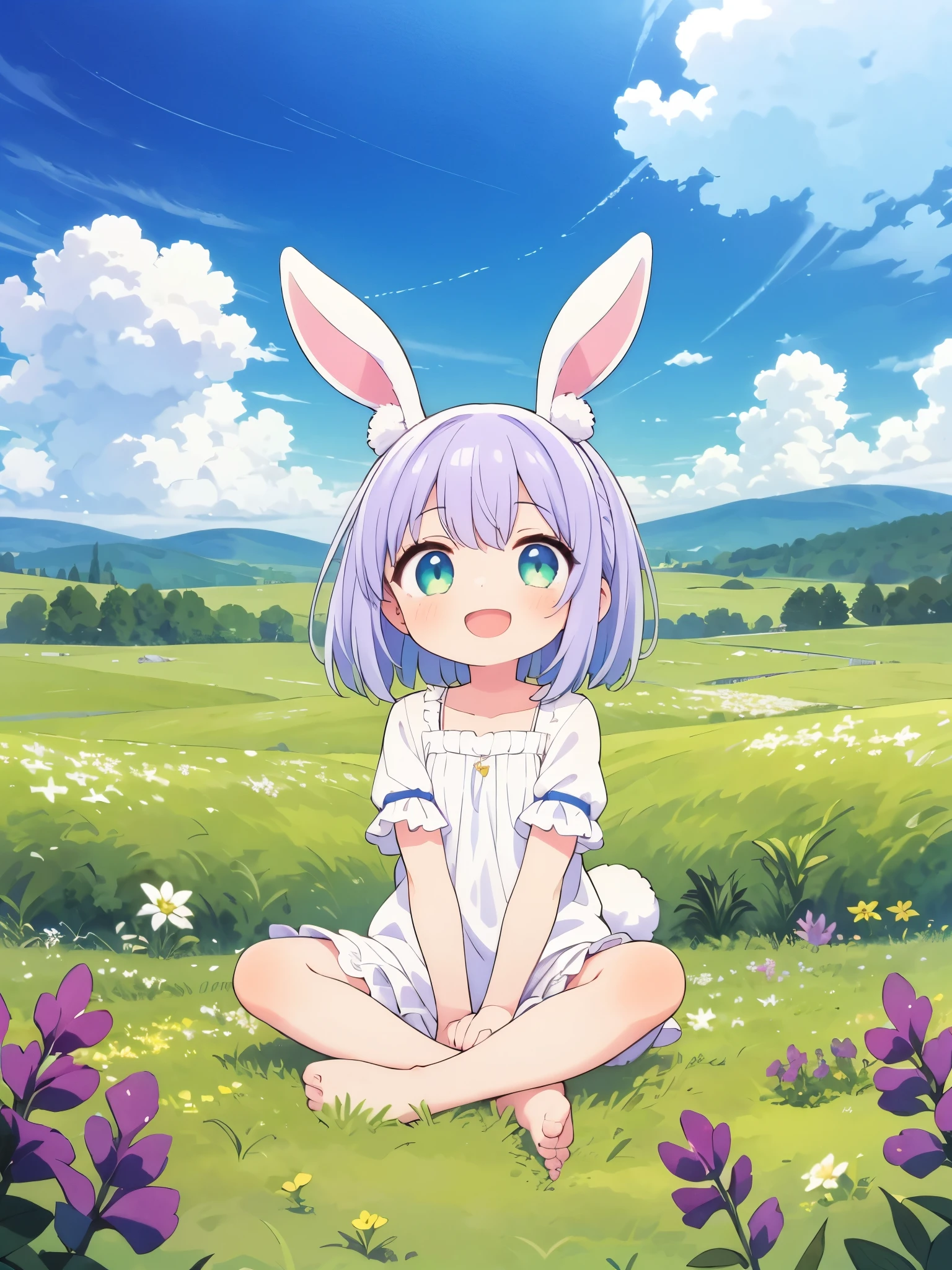 highest quality，High resolution，Super detailed，(One little beautiful girl:1.3)，Beautiful Eyes，Gaze quietly，Remembering and laughing，Emerald green，pocket，barefoot，Fingertip pose，de luz，satin，Lavender clusters，pastel colour，The tranquility of the grasslands，Signs of the Grassland，leaf，Rabbit at your feet，blue sky，Time passes slowly，Pastel style，light texture