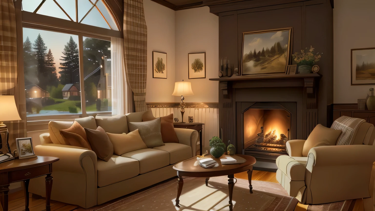 Arav living room with fireplace and large windows, cozy place, Comfortable living room interior, Warm home background, Soothing and comfortable scenery, comfortable environment, cozy atmosphere, Comfortable living room, Comfortable atmosphere, Warm interior, comfortable and calm, Country Style, Cozy living room, Comfortable and peaceful atmosphere, Comfortable living room background, Magical environment,Change the time to night,The moonlight shines into the room