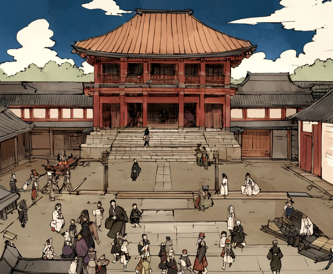A white van is parked in front of the building, the imperial palace, Gunma Prefecture, hakusensha, Ibaraki Prefecture, Historical background, shin - hanga, shin-hanga, Preserved history, Big gate, Huge gate, shin hanga, This demon, Ryokan and Edo period house, hidetaka tenjin