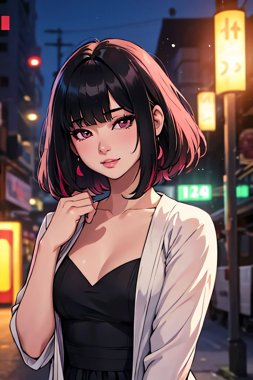 a beautiful 21 year old korean girl, long slightly waved black hair with pink highlights, rosy eyes, playful smile, small breasts, extremely detailed eyes and face, beautiful detailed eyes, beautiful detailed lips, longeyelashes, anime realism style, portrait, (best quality,4k,8k,highres,masterpiece:1.2),ultra-detailed,(realistic,photorealistic,photo-realistic:1.37),HDR,vivid colors,professional,bokeh