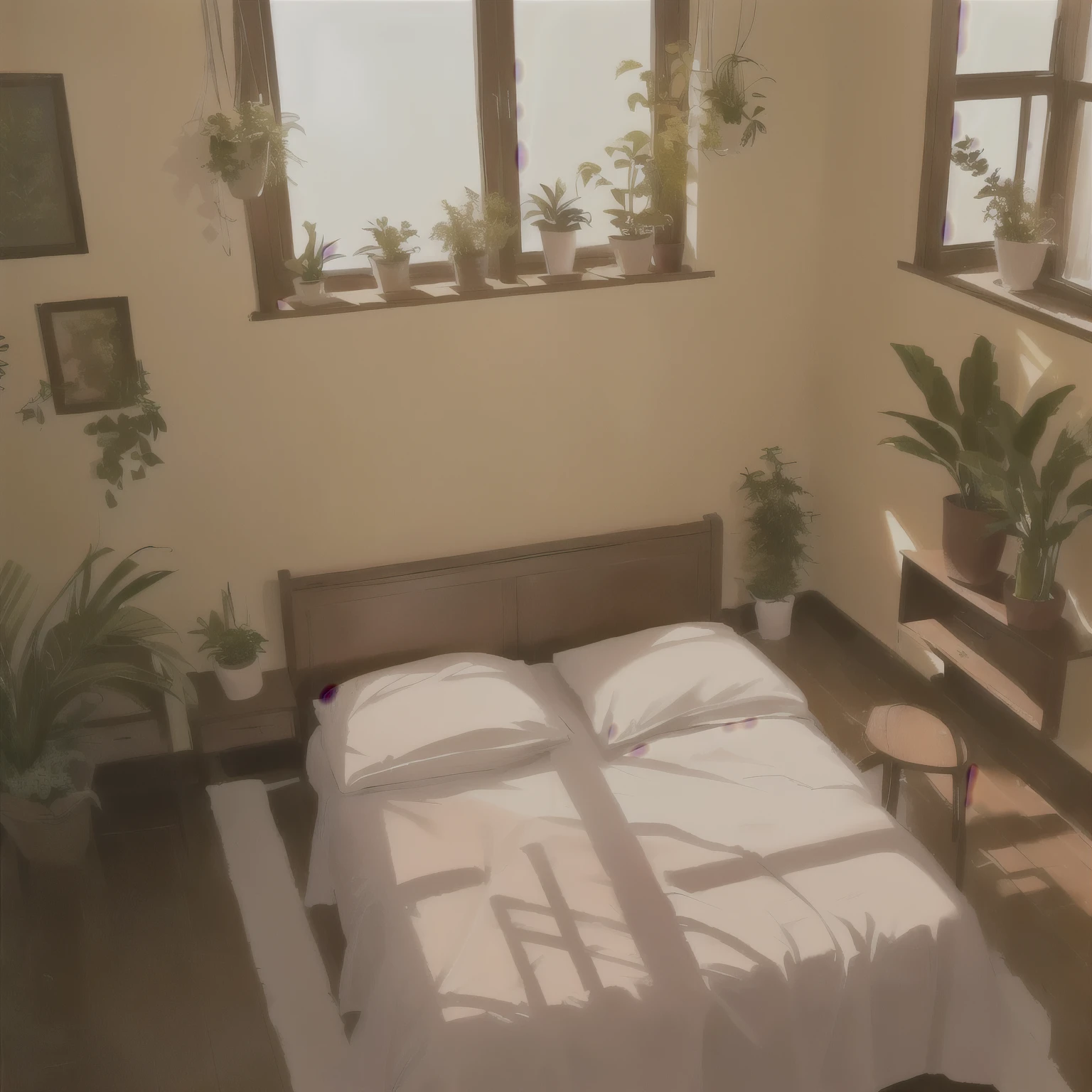 (high-quality, breathtaking) there is a room with a plant and a window, cozy home background, wood floor, medieval room, cozy background, cozy place, room full of plants, indoor scene, bedroom background, inside a cozy apartment, picture of a loft in morning, personal room background, window sill with plants, random background scene, cozy wallpaper, afternoon sunlight, some plants, cozy atmospheric