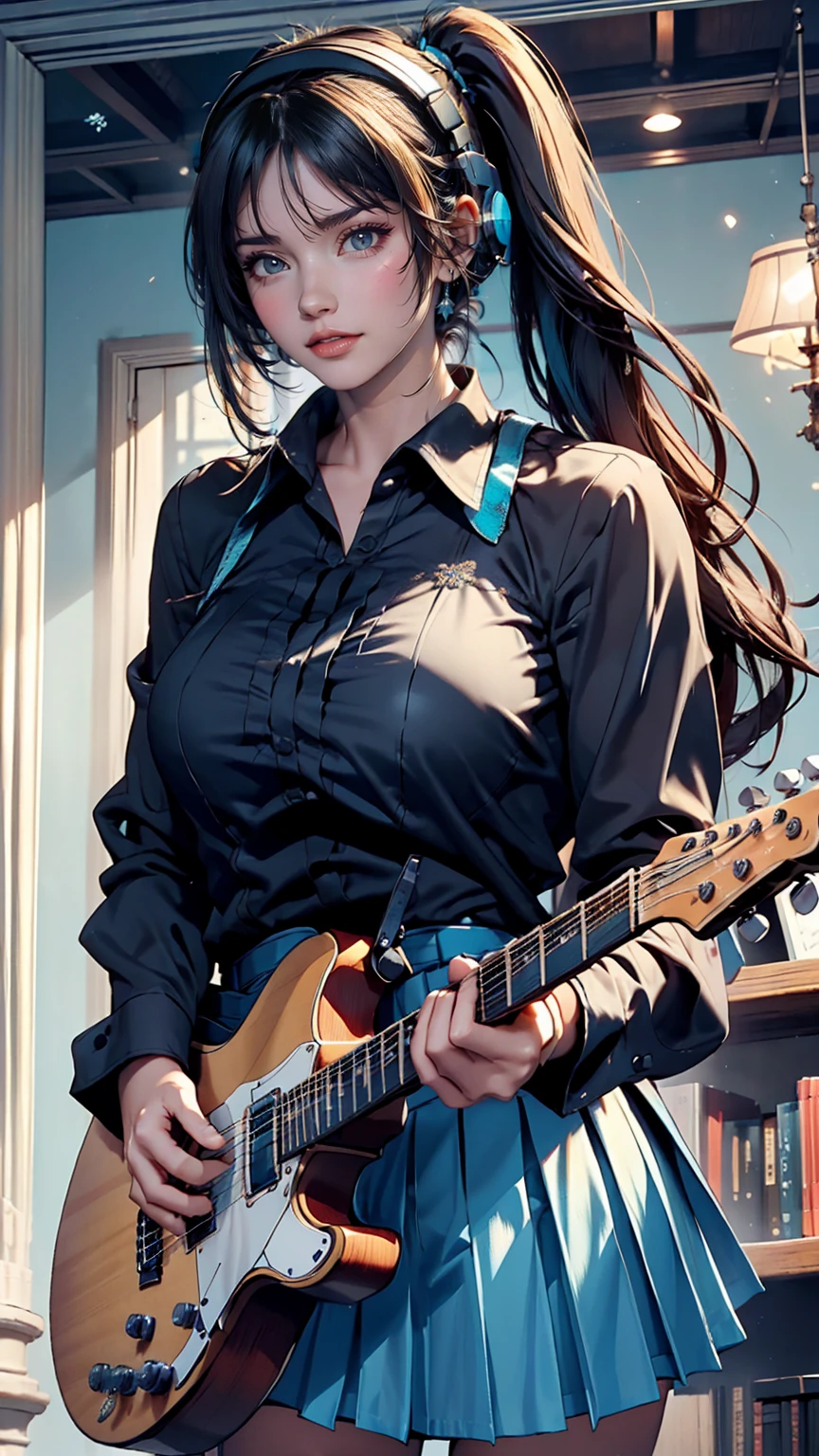 ((masterpiece, highest quality))One girl, alone, Black Dress, blue eyes, electric guitar, guitar, Headphones, Double Ponytail, Holding, Holding plectrum, musical instrument, Long Hair, music, One side up, Turquoise Hair, Twin tails, guitarを弾く, Pleated skirt, Black Shirt, interior