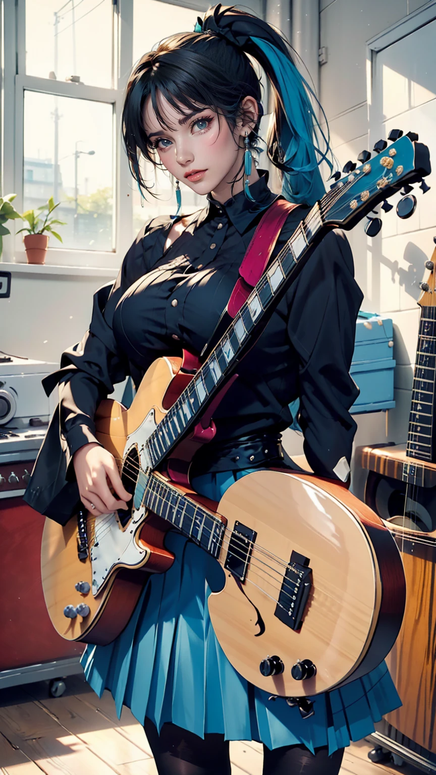 ((masterpiece, highest quality))One girl, alone, Black Dress, blue eyes, electric guitar, guitar, Headphones, Double Ponytail, Holding, Holding plectrum, musical instrument, Long Hair, music, One side up, Turquoise Hair, Twin tails, guitarを弾く, Pleated skirt, Black Shirt, interior