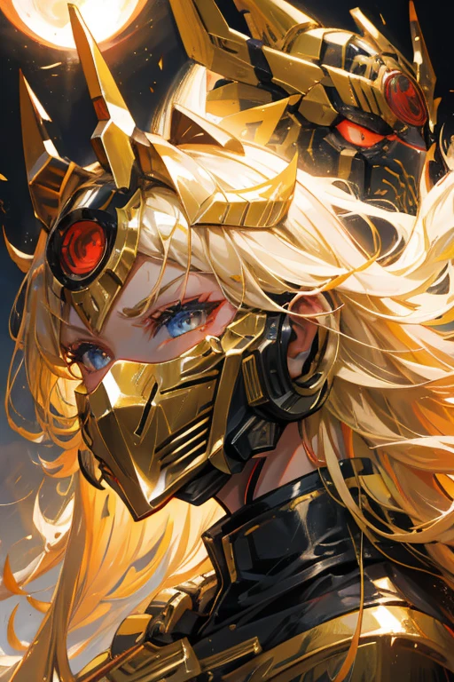 Warrior of the future, beautiful face with mask on her mouth, long golden hair.