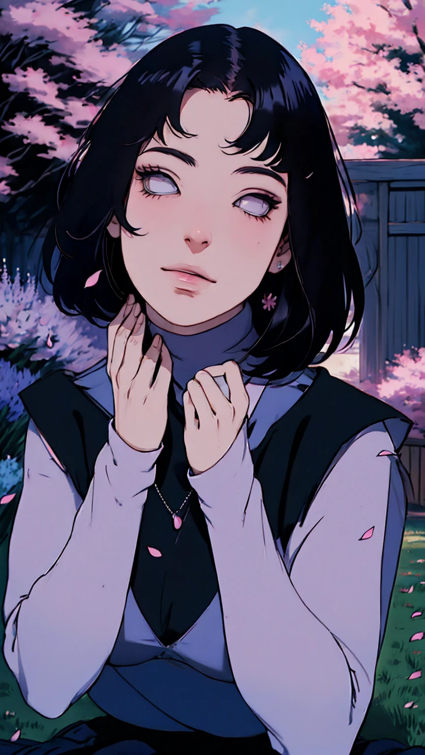 { - anatomy error} (Masterpiece - Ultra-detailed, very high resolution) Meisterwerk, absurdres, Hinata\(Boruto\), 1girls, nur,reifes Weibchen, lila Kapuzenpullover,layered sleeves, braune Hose, al fresco,Lavendelblütenfeld, Blick auf den Betrachter, (falling petals), overcast sky, Perfekte Komposition, Detaillierte Lippen, large chest, Beautiful face, Body Propotion, flush, (rosa Lippen), Lange Haare, lila Augen, Sanfter Blick, sad smile, Super realistisch, Detailliert, Fotoshooting, Realistic face and body, Realistisches Haar, (black hair) Realistische Augen, realistische Nase, Realistische Lippen, sitting on the ground
