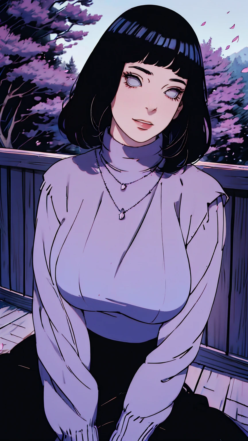 { - anatomy error} (Masterpiece - Ultra-detailed, very high resolution) Meisterwerk, absurdres, Hinata\(Boruto\), 1girls, nur,reifes Weibchen, lila Kapuzenpullover,layered sleeves, braune Hose, al fresco,Lavendelblütenfeld, Blick auf den Betrachter, (falling petals), overcast sky, Perfekte Komposition, Detaillierte Lippen, large chest, Beautiful face, Body Propotion, flush, (rosa Lippen), Lange Haare, lila Augen, Sanfter Blick, sad smile, Super realistisch, Detailliert, Fotoshooting, Realistic face and body, Realistisches Haar, (black hair) Realistische Augen, realistische Nase, Realistische Lippen, sitting on the ground