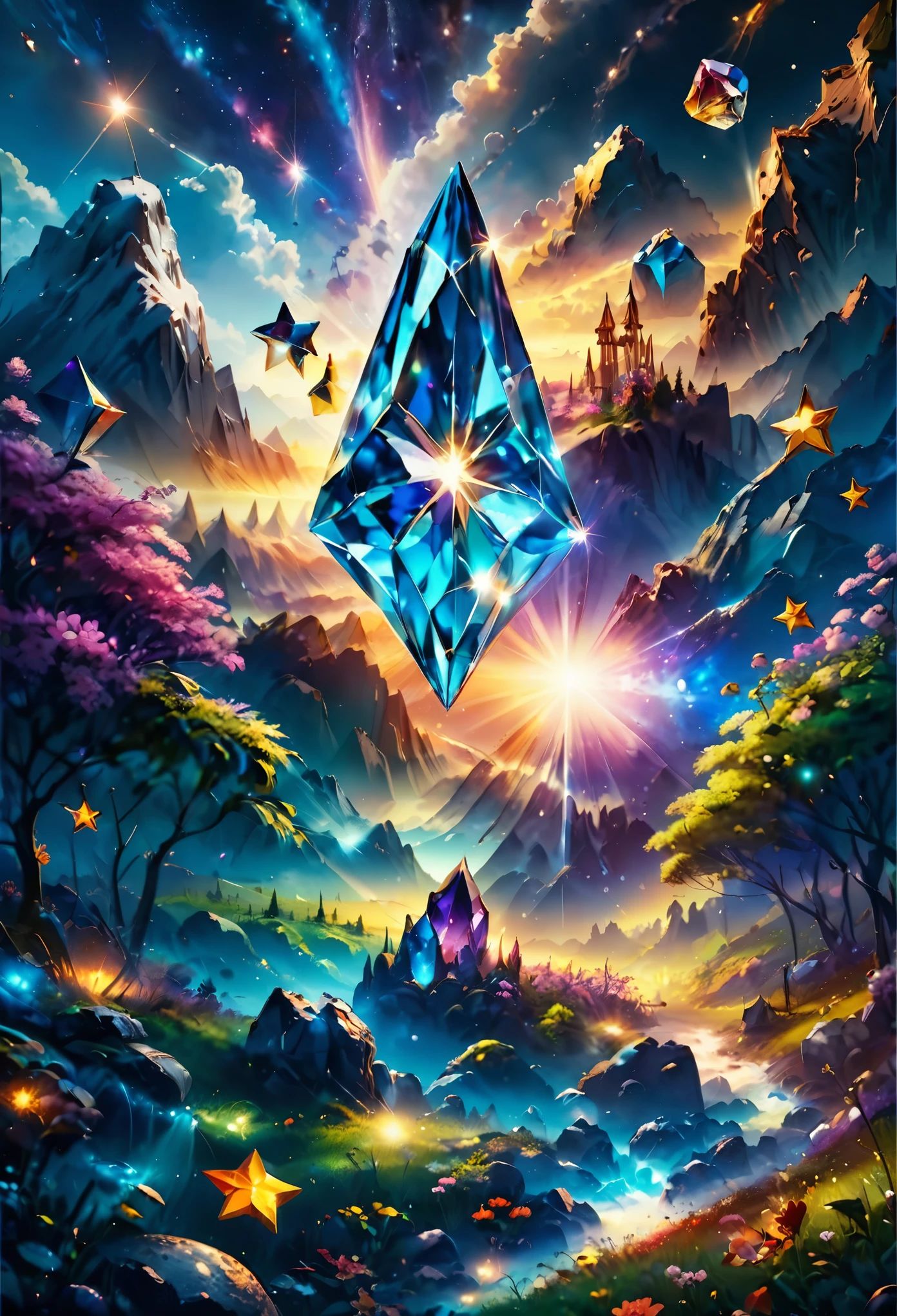 Lots of scattered crystal stars、
Fantasia、intergalactic、cleanness、
glinting、Shineagnifica、colourfull、brightened、luminescence
Magic Pictures, dramatic lighting, photorealisim, The ultra-detailliert, 4K, depth of fields, hight resolution