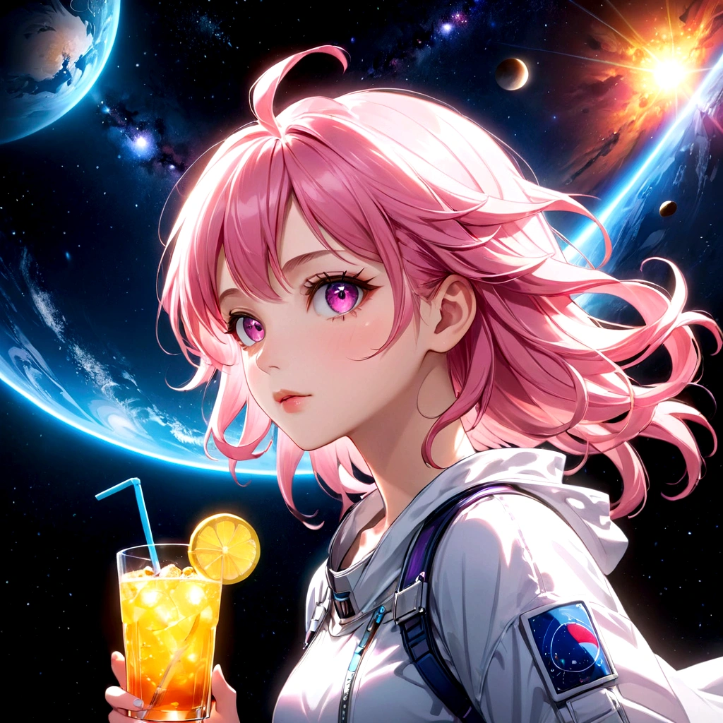 a girl with pink hair holding a drink, space background, anime aesthetic, official art, 8k, high quality, detailed, photorealistic, vibrant colors, studio lighting, beautiful detailed eyes, beautiful detailed lips, extremely detailed face, long eyelashes, complex hairstyle, dreamlike atmosphere, glowing aura, dynamic pose, cinematic lighting