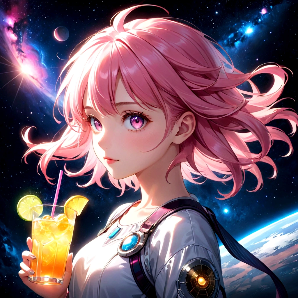 a girl with pink hair holding a drink, space background, anime aesthetic, official art, 8k, high quality, detailed, photorealistic, vibrant colors, studio lighting, beautiful detailed eyes, beautiful detailed lips, extremely detailed face, long eyelashes, complex hairstyle, dreamlike atmosphere, glowing aura, dynamic pose, cinematic lighting