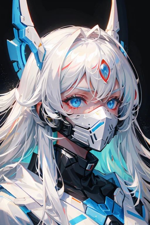 Warrior of the future, beautiful face with mask on her mouth, long white hair.