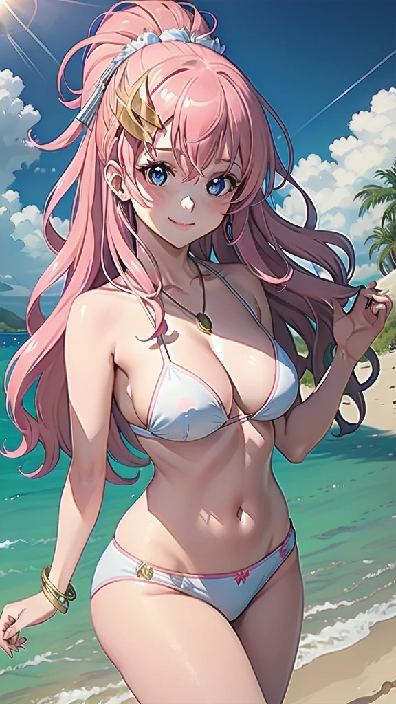 masterpiece, best quality, 1 solo girl, pink hair, grey eyes, long hair, medium breasts, sexy body and face, wavy hair, smile, white bikini, pendant, bracelet, jewelry, earrings, feather hair ornament, ball, lying at the sand, summer, sexy pose, cowboy shots, detailed body, face, and eyes, sharp focus, vibrant, creative, dynamic, high definition, high resolution, 8k, (Upscale: R-ESRGAN 4x+ Anime6mage enchance:4x), voluptuous body, cinema lightning, dakimakura style, looking at the viewer, twin braid