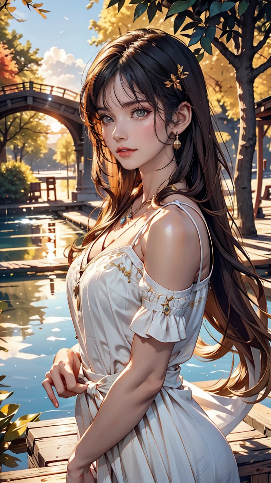 1 girl, Calm expression, Captivating eyes, Straight Long Hair, loose fitting dress, Calm posture, Porcelain-like skin, A faint blush, Crystal Pendant BREAK Golden Hour, (Rim Light):1.2, Warm tones, Solar flare, Soft Shadows, Vibrant colors, Painterly effect, Dream-like atmosphere BREAK Beautiful lake, Distant Mountain々, Willow Tree, Calm water, reflection, Sunlit clouds, Peaceful atmosphere, Beautiful sunset, Super detailed, Official Art, unity 8k wallpaper , Zentangle, Mandala