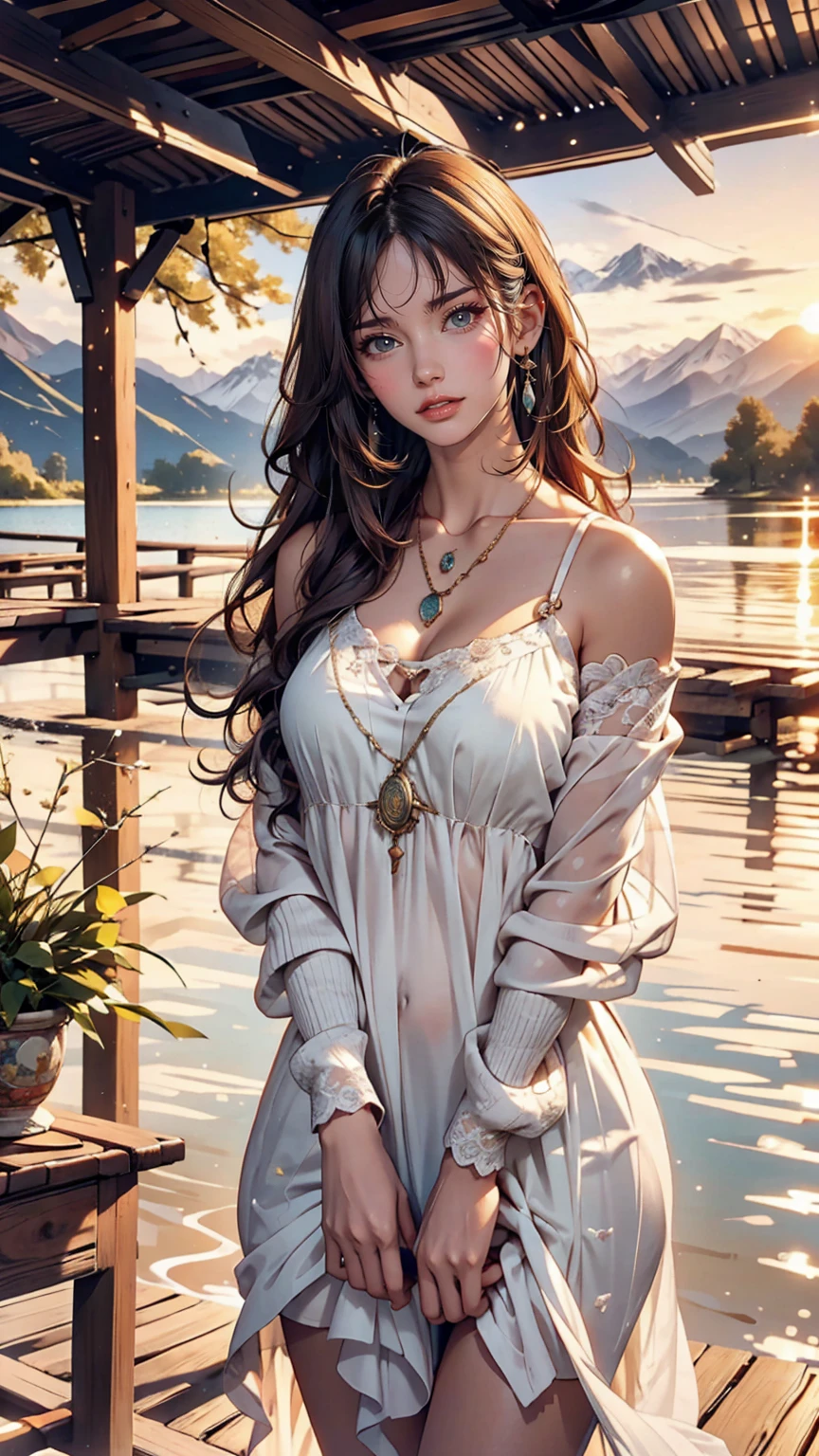 1 girl, Calm expression, Captivating eyes, Straight Long Hair, loose fitting dress, Calm posture, Porcelain-like skin, A faint blush, Crystal Pendant BREAK Golden Hour, (Rim Light):1.2, Warm tones, Solar flare, Soft Shadows, Vibrant colors, Painterly effect, Dream-like atmosphere BREAK Beautiful lake, Distant Mountain々, Willow Tree, Calm water, reflection, Sunlit clouds, Peaceful atmosphere, Beautiful sunset, Super detailed, Official Art, unity 8k wallpaper , Zentangle, Mandala